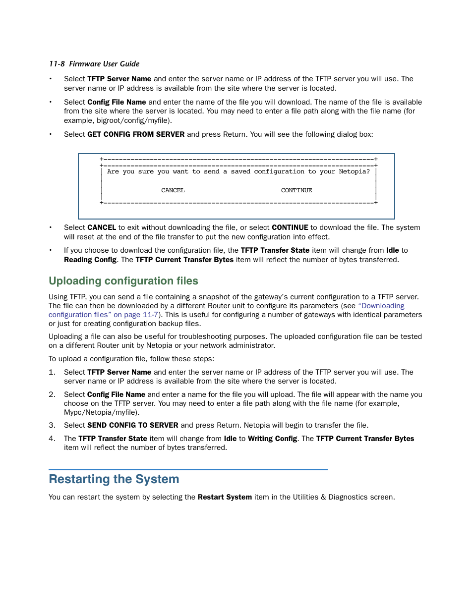 Uploading configuration files, Restarting the system, Uploading configuration files -8 | Restar ting the system -8, Fect. see, Eboot. see, Uploading conﬁguration ﬁles | Netopia 3300 User Manual | Page 322 / 334