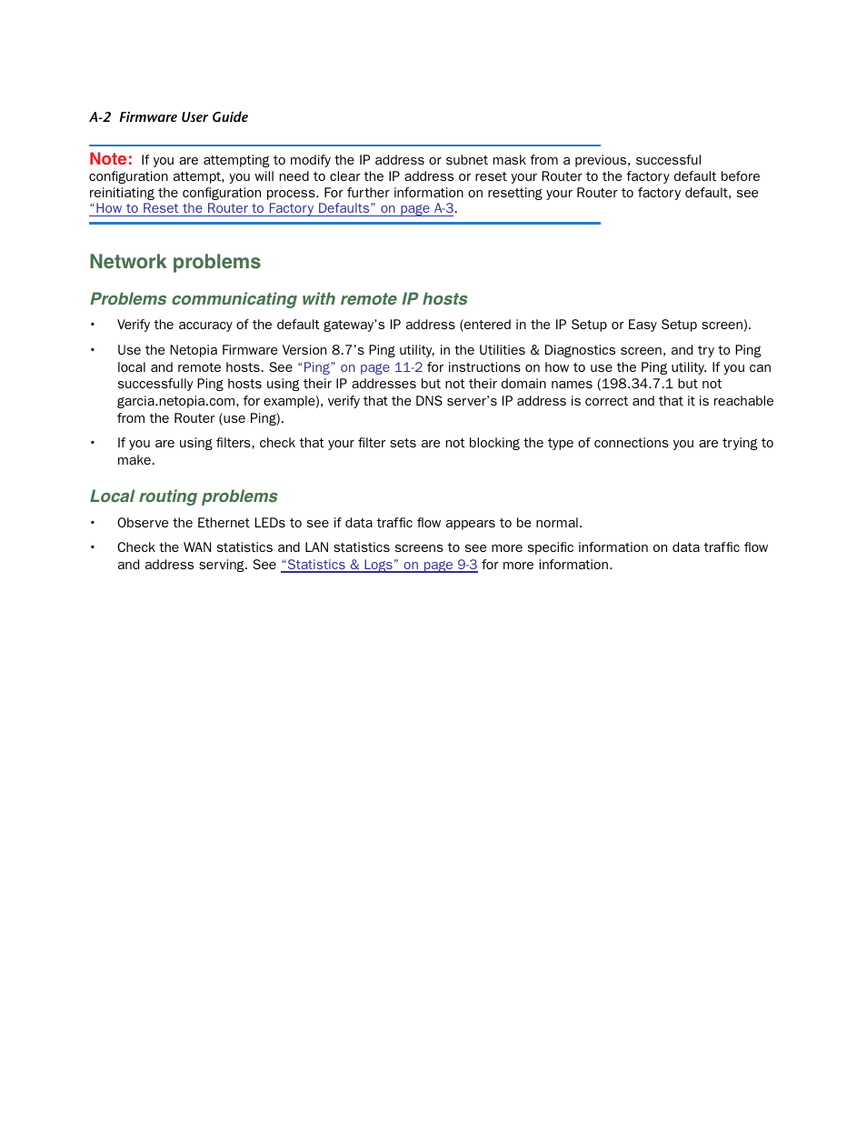 Network problems, Problems communicating with remote ip hosts, Local routing problems | Netopia 3300 User Manual | Page 326 / 334