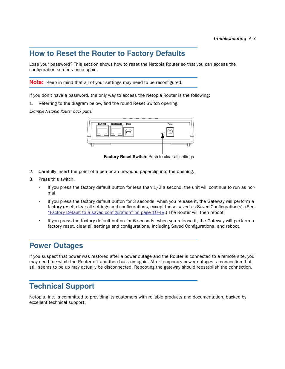 How to reset the router to factory defaults, Power outages, Technical support | Netopia 3300 User Manual | Page 327 / 334