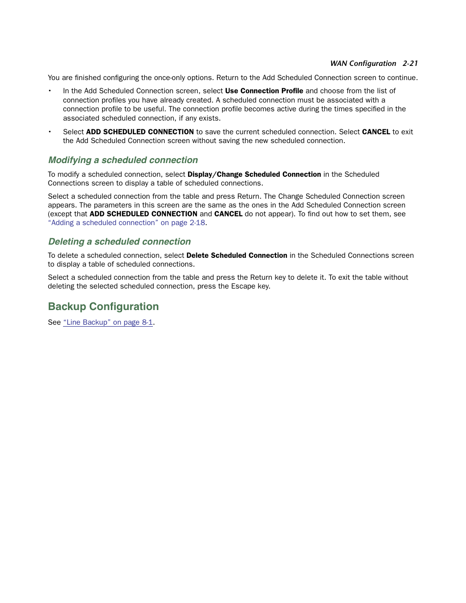 Modifying a scheduled connection, Deleting a scheduled connection, Backup configuration | Backup configuration -21, Backup conﬁguration | Netopia 3300 User Manual | Page 37 / 334