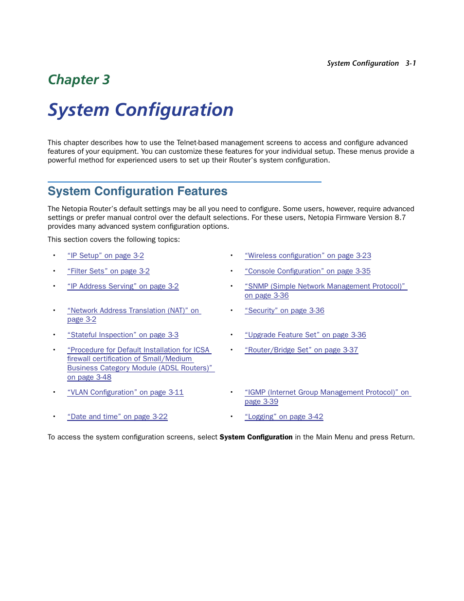 System configuration, System configuration features, Chapter 3 — system configuration -1 | System configuration features -1, E. see, Chapter 3, System conﬁguration features | Netopia 3300 User Manual | Page 45 / 334