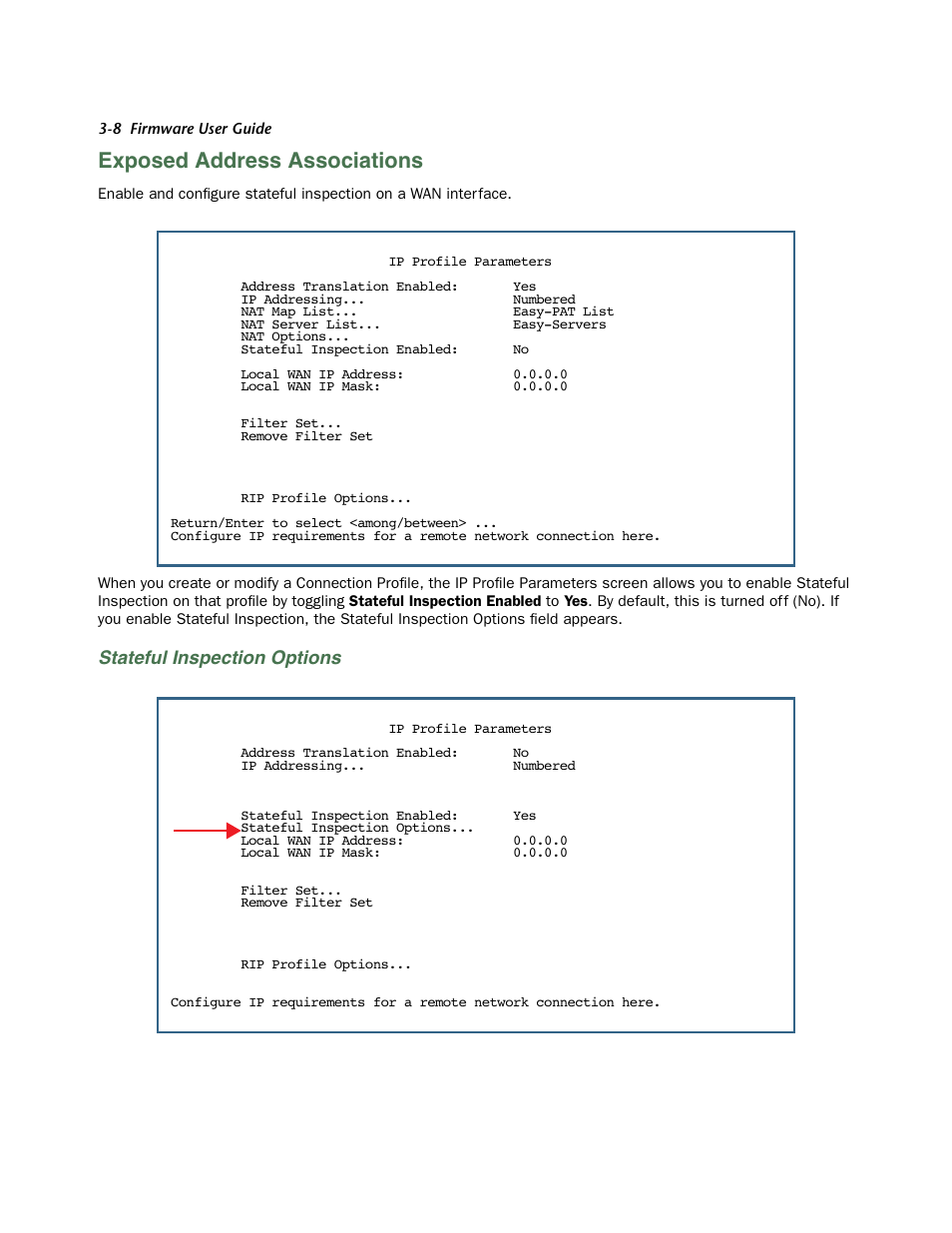 Exposed address associations, Stateful inspection options, Exposed address associations -8 | Exposed, The hosts specified in exposed addr | Netopia 3300 User Manual | Page 52 / 334