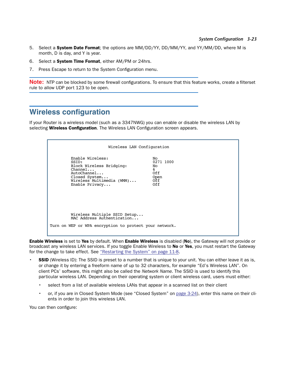 Wireless configuration, Wireless configuration -23, Wireless conﬁguration | Netopia 3300 User Manual | Page 67 / 334