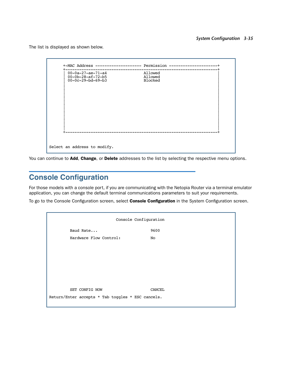 Console configuration, Console configuration -35, Console conﬁguration | Netopia 3300 User Manual | Page 79 / 334