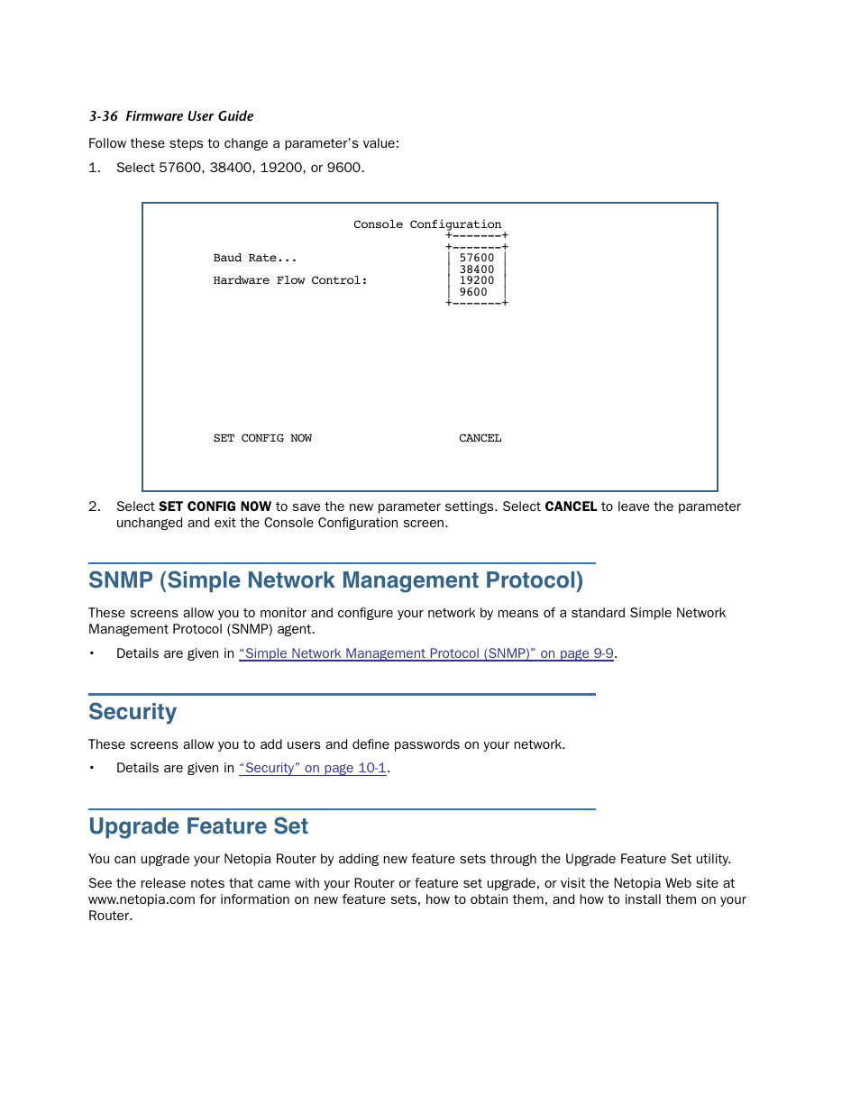 Snmp (simple network management protocol), Security, Upgrade feature set | Snmp (simple network management protocol) -36, Security -36, Upgrade feature set -36 | Netopia 3300 User Manual | Page 80 / 334