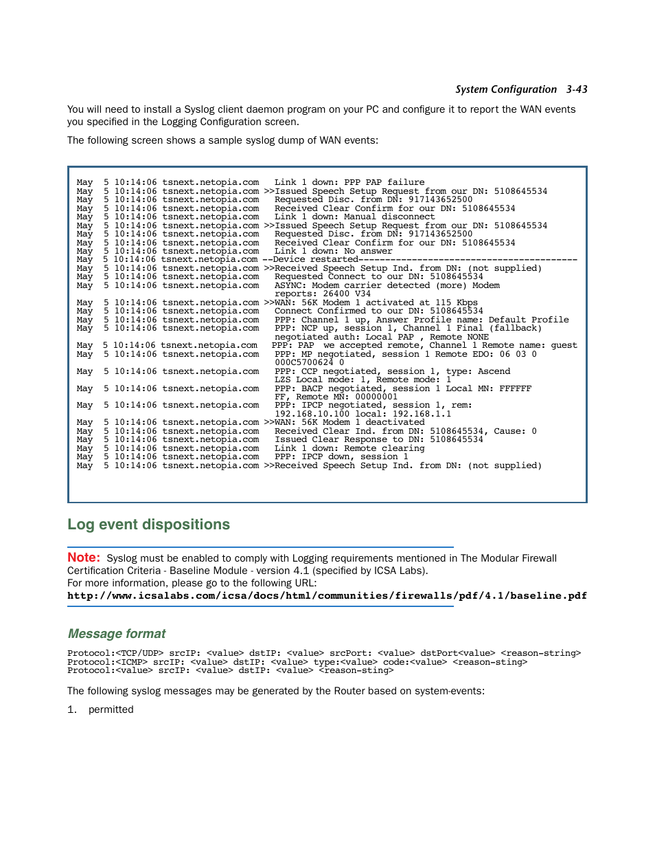 Log event dispositions, Message format, Log event dispositions -43 | Additional syslog messages. see | Netopia 3300 User Manual | Page 87 / 334