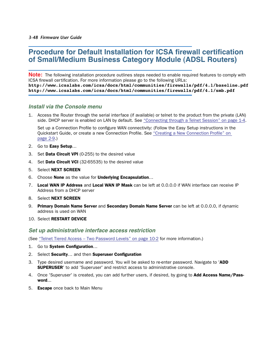 Install via the console menu, Set up administrative interface access restriction | Netopia 3300 User Manual | Page 92 / 334