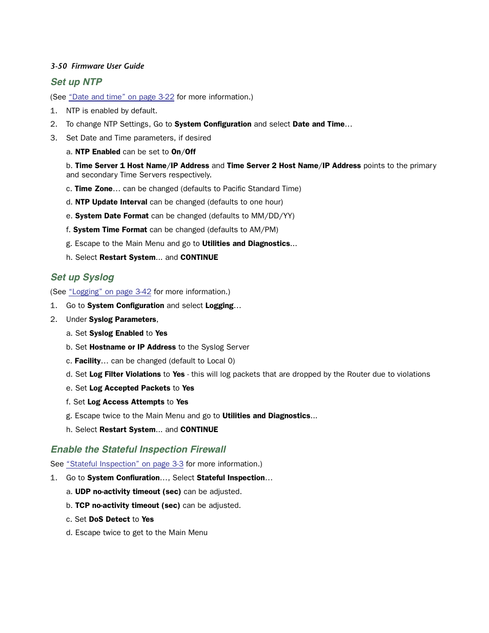 Set up ntp, Set up syslog, Enable the stateful inspection firewall | Netopia 3300 User Manual | Page 94 / 334
