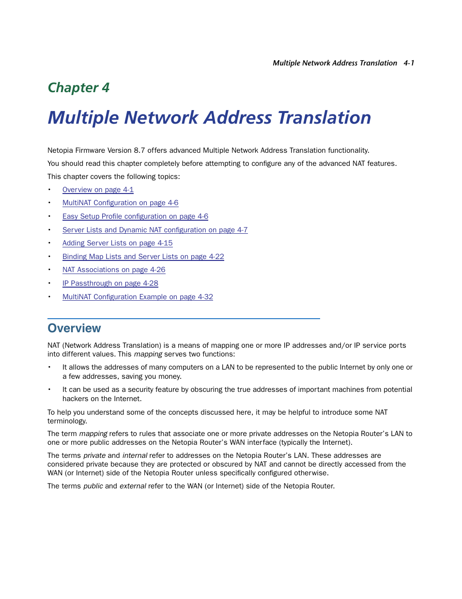 Multiple network address translation, Overview, Over view -1 | Multiple network, Chapter 4 | Netopia 3300 User Manual | Page 97 / 334