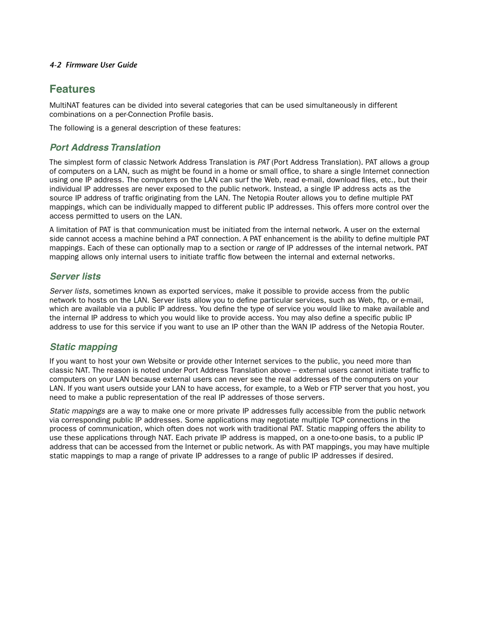 Features, Port address translation, Server lists | Static mapping, Features -2 | Netopia 3300 User Manual | Page 98 / 334