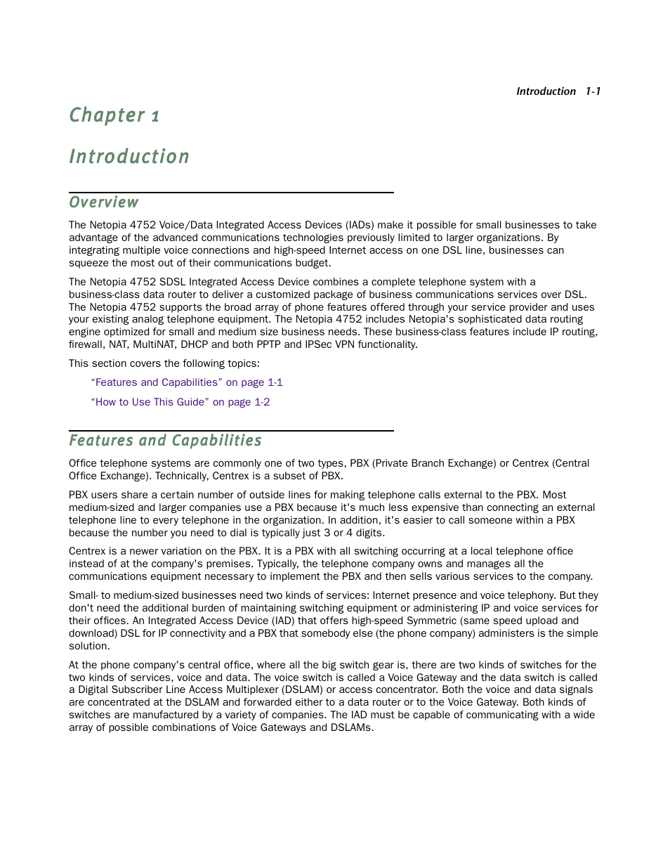 Introduction, Overview, Features and capabilities | Chapter 1 — introduction -1, Over view -1, Features and capabilities -1 | Netopia 4752 User Manual | Page 13 / 284