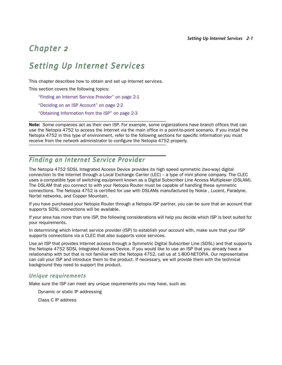 Setting up internet services, Finding an internet service provider, Unique requirements | Chapter 2 — setting up internet services -1, Finding an internet ser vice provider -1, Unique requirements -1 | Netopia 4752 User Manual | Page 15 / 284