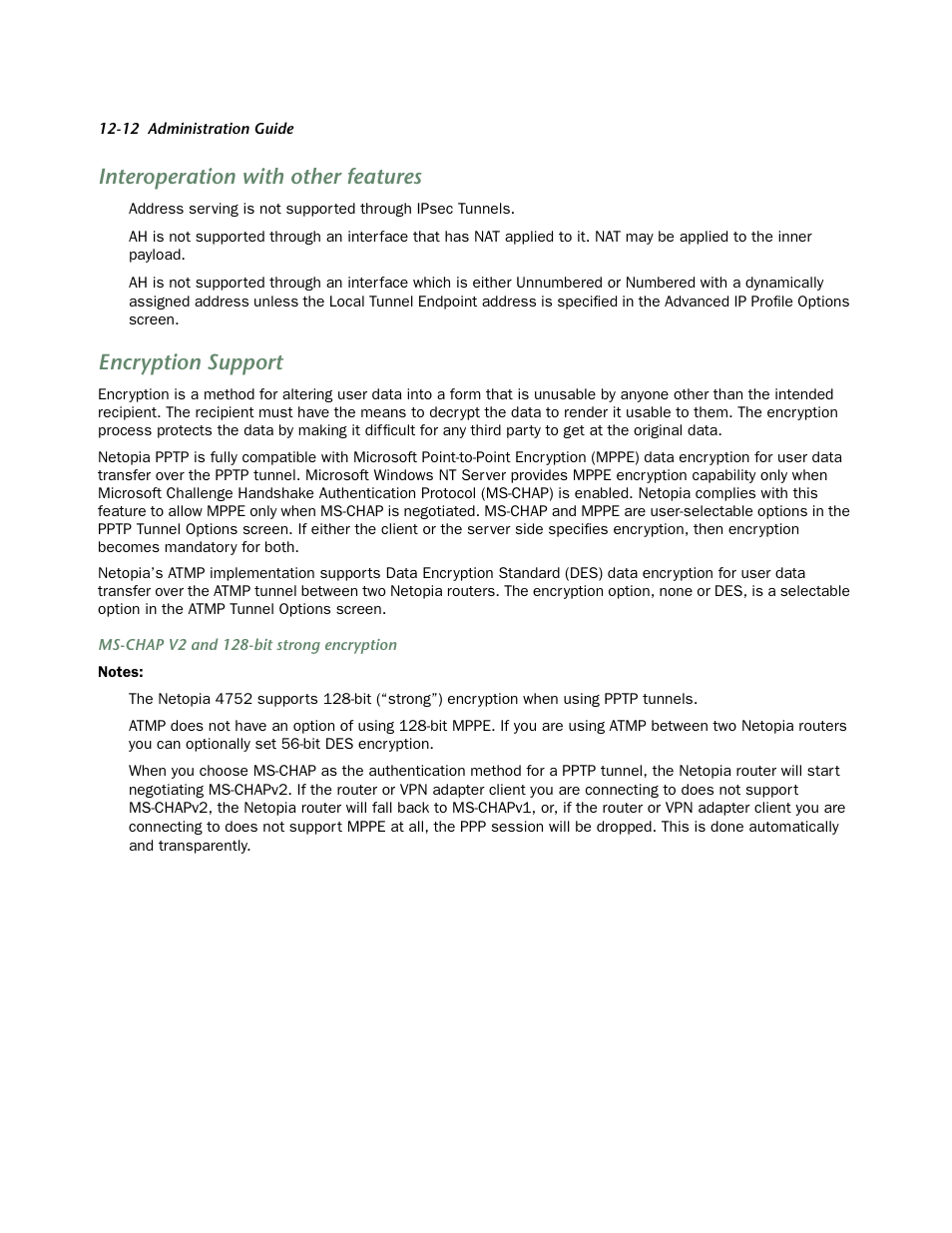 Interoperation with other features, Encryption support, Interoperation with other features -12 | Encr yption suppor t -12 | Netopia 4752 User Manual | Page 154 / 284