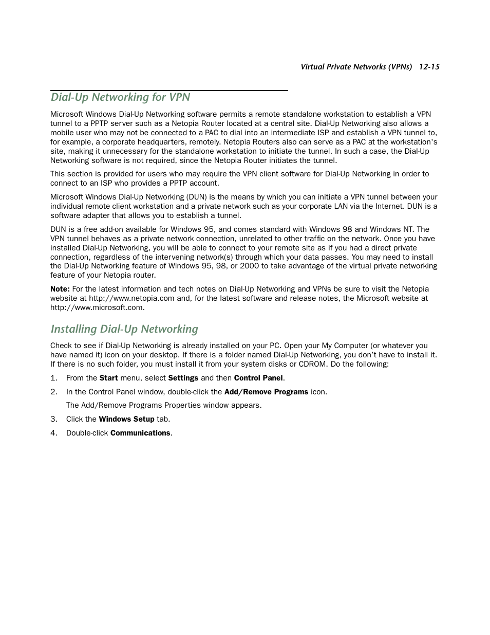 Dial-up networking for vpn, Installing dial-up networking, Dial-up networking for vpn -15 | Installing dial-up networking -15 | Netopia 4752 User Manual | Page 157 / 284