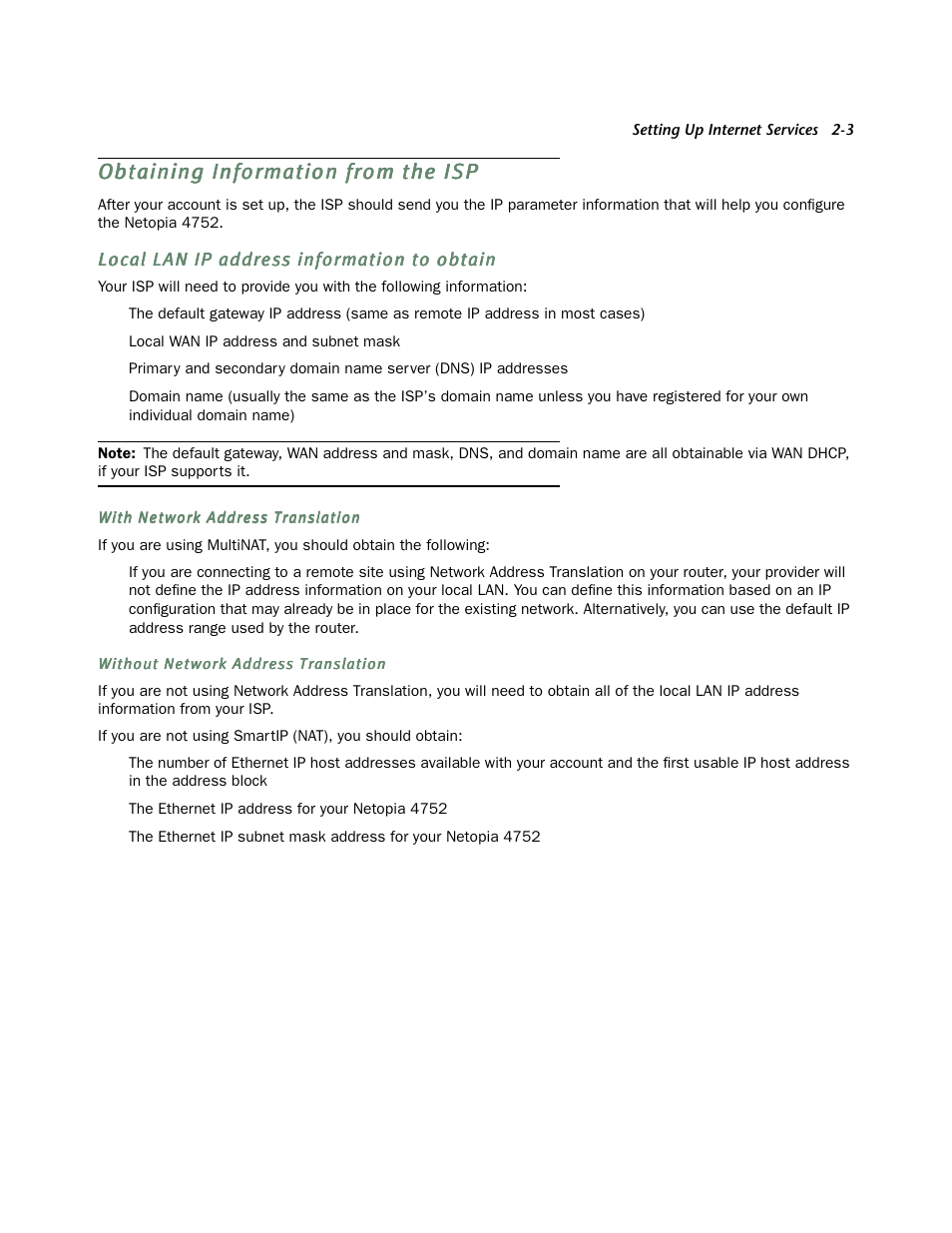 Obtaining information from the isp, Local lan ip address information to obtain, Obtaining information from the isp -3 | Local lan ip address information to obtain -3 | Netopia 4752 User Manual | Page 17 / 284