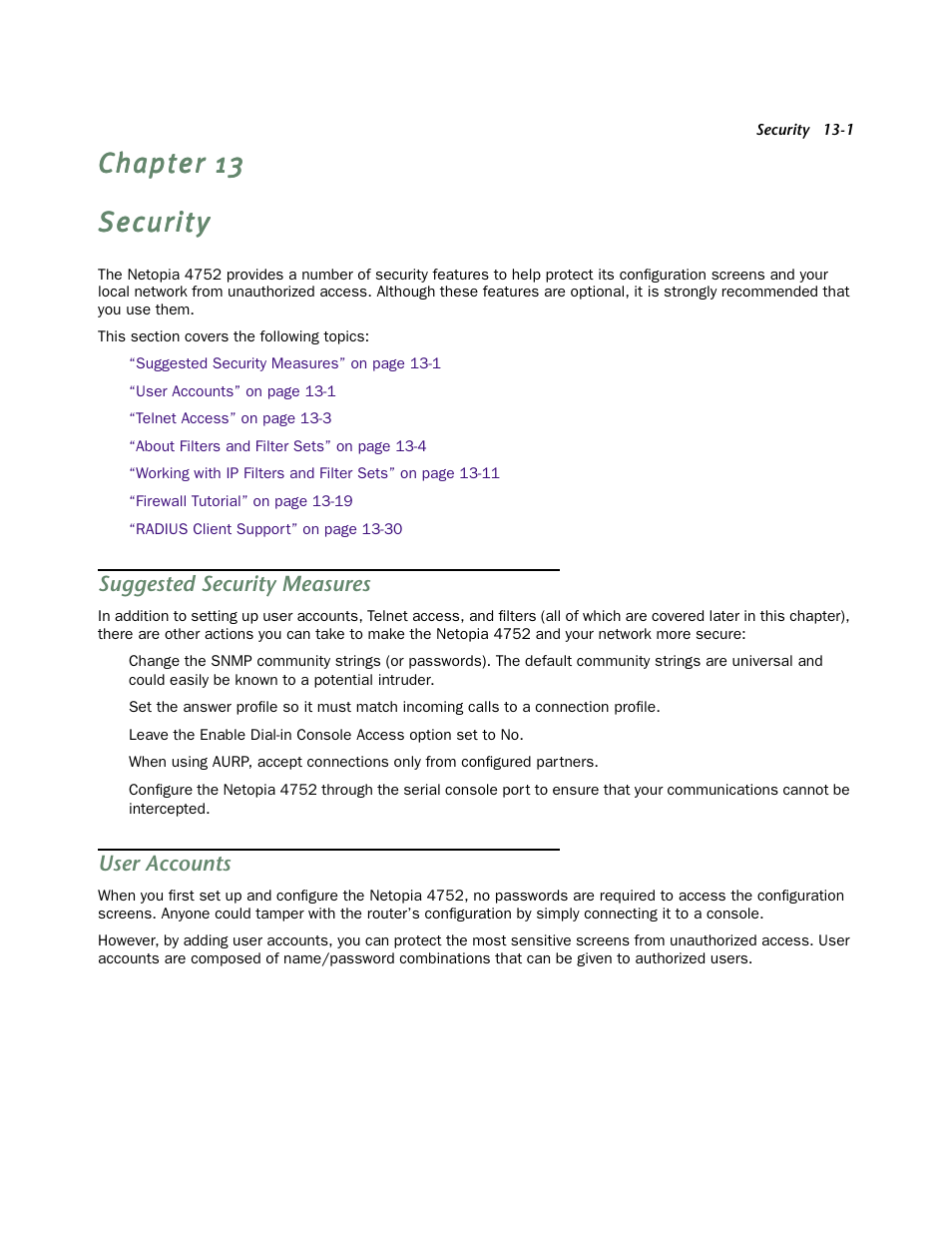 Security, Suggested security measures, User accounts | Chapter 13 — security -1, Suggested security measures -1, User accounts -1, Chapter 13 | Netopia 4752 User Manual | Page 173 / 284