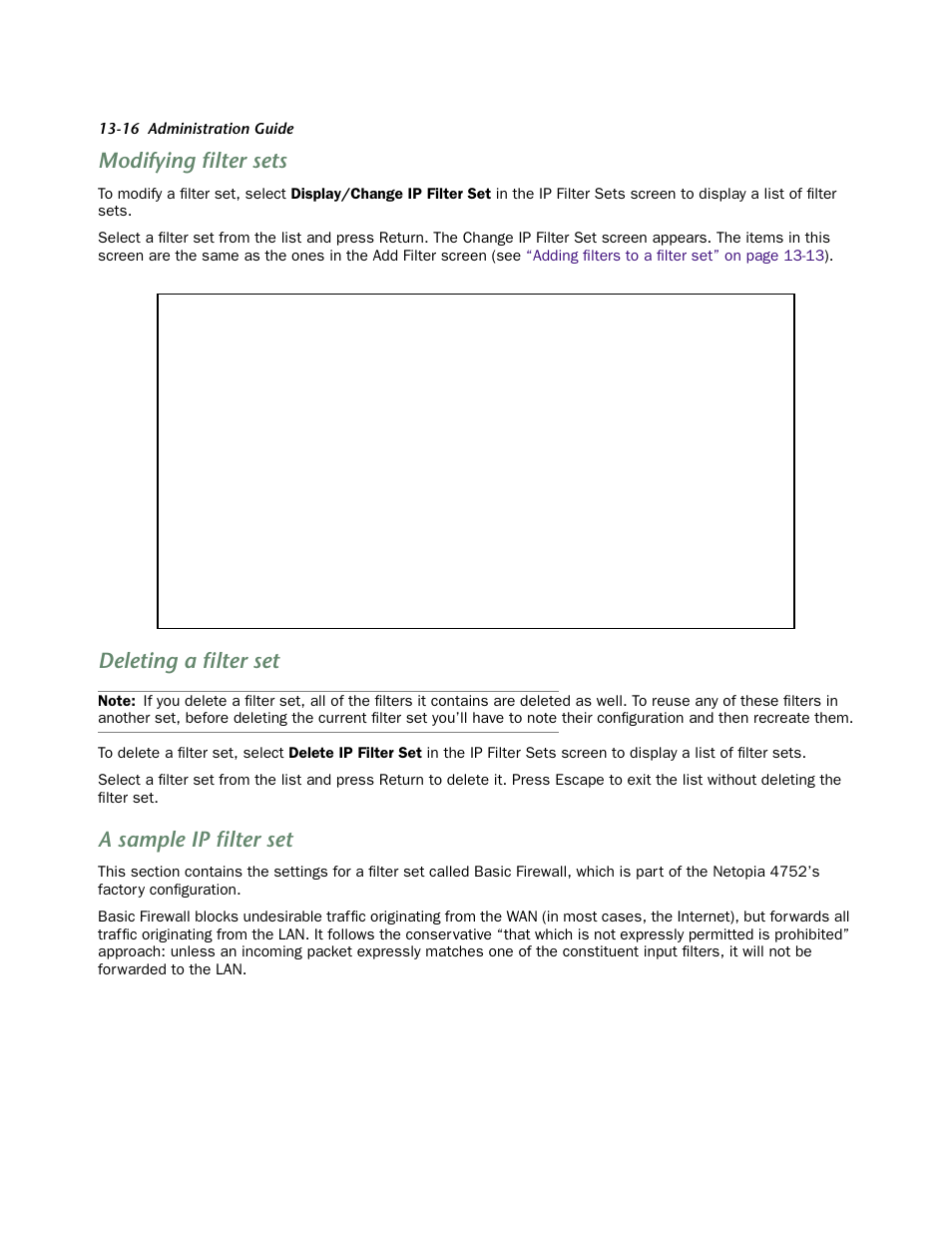 Modifying filter sets, Deleting a filter set, A sample ip filter set | Modifying filter sets -16, Deleting a filter set -16, A sample ip filter set -16 | Netopia 4752 User Manual | Page 188 / 284