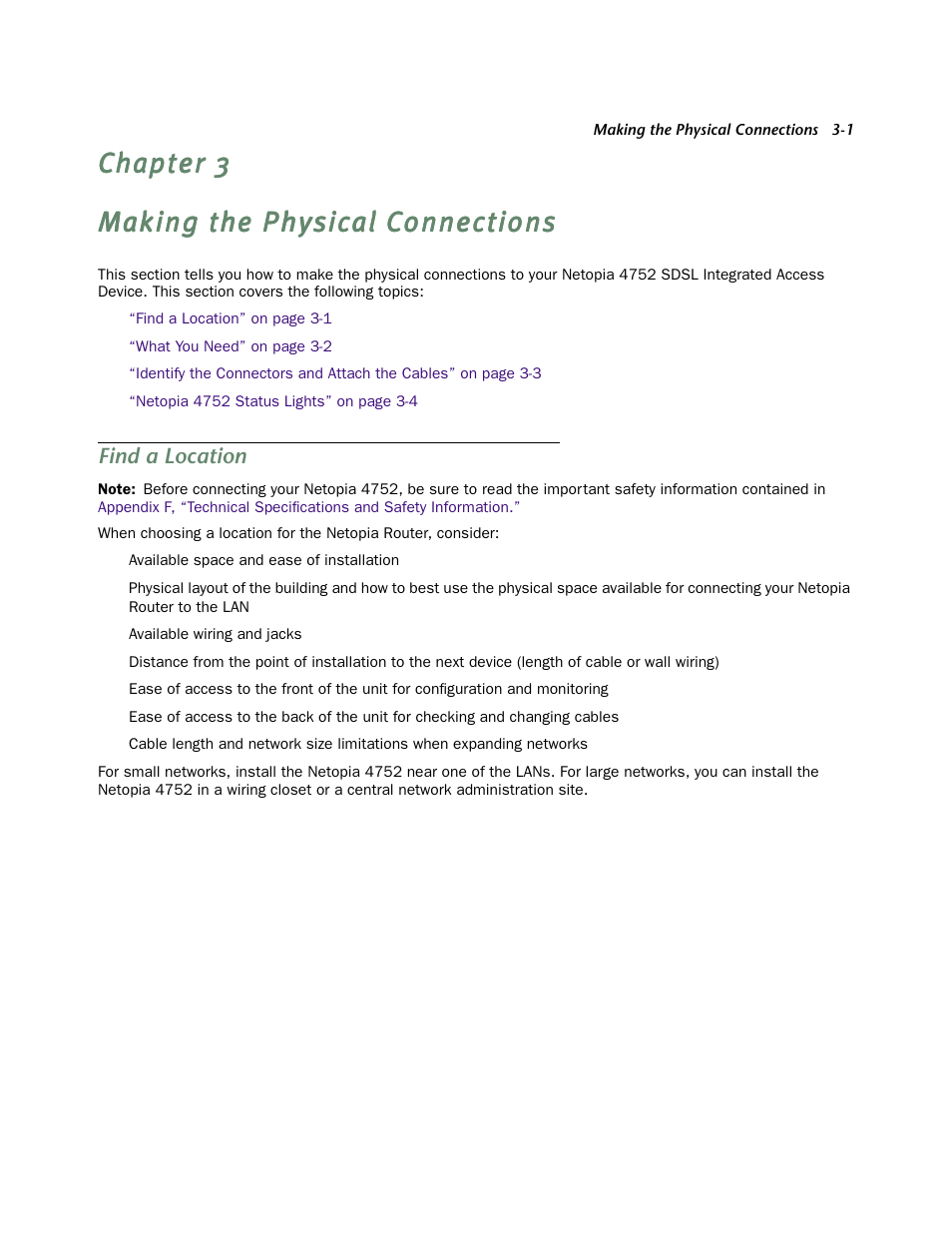 Making the physical connections, Find a location, Chapter 3 — making the physical connections -1 | Find a location -1 | Netopia 4752 User Manual | Page 19 / 284