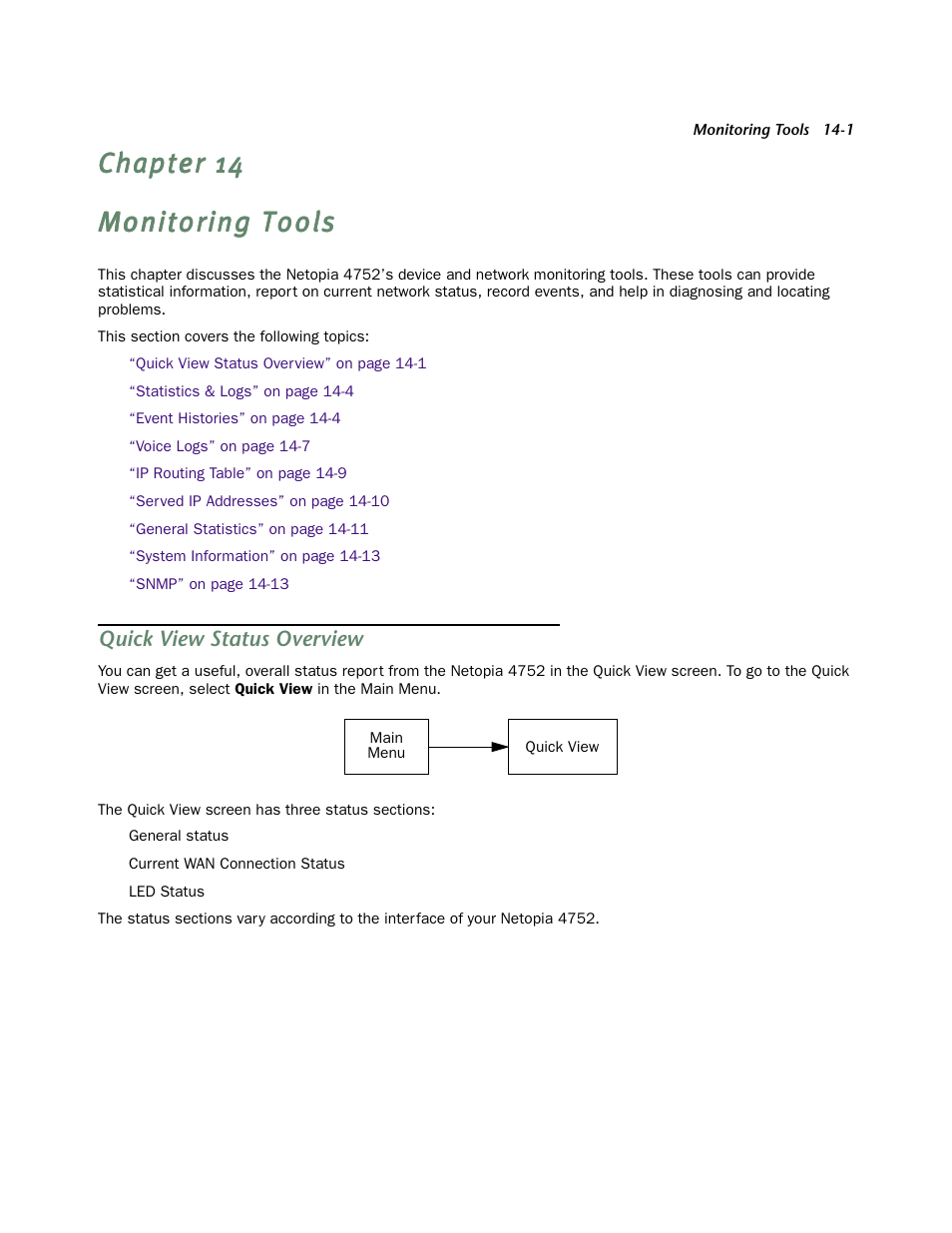 Monitoring tools, Quick view status overview, Chapter 14 — monitoring tools -1 | Quick view status over view -1 | Netopia 4752 User Manual | Page 207 / 284