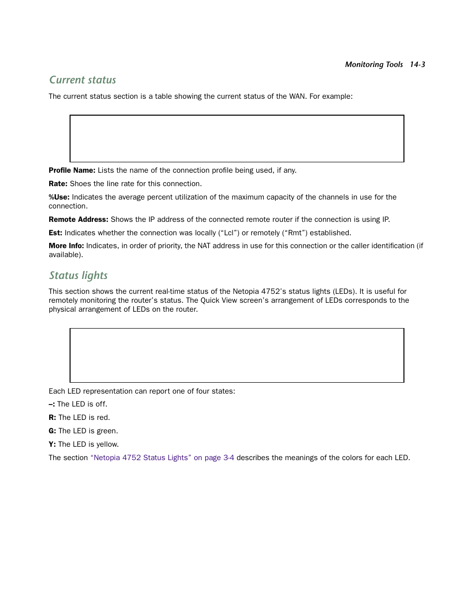 Current status, Status lights, Current status -3 | Status lights -3 | Netopia 4752 User Manual | Page 209 / 284