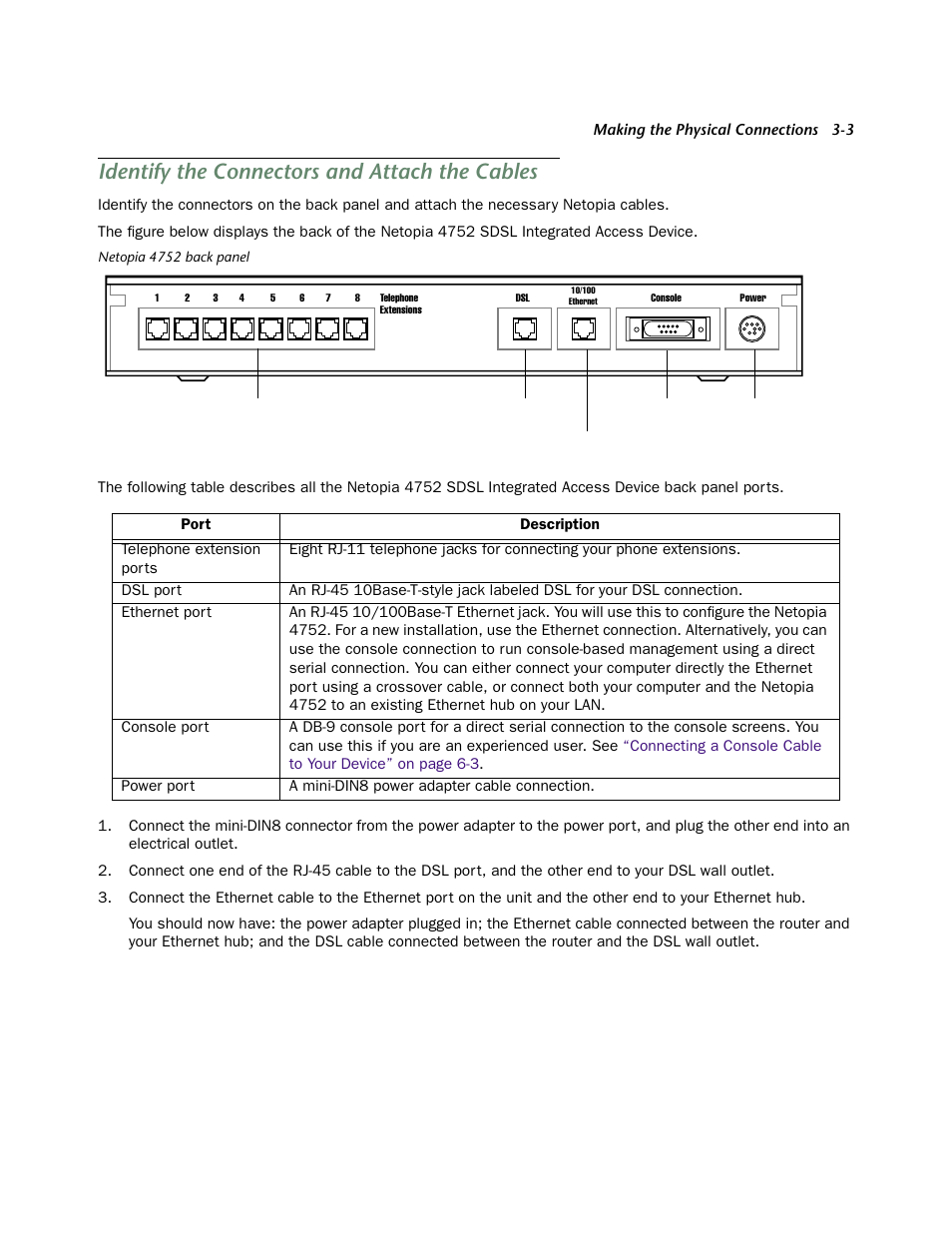 Identify the connectors and attach the cables, Identify the connectors and attach the cables -3 | Netopia 4752 User Manual | Page 21 / 284