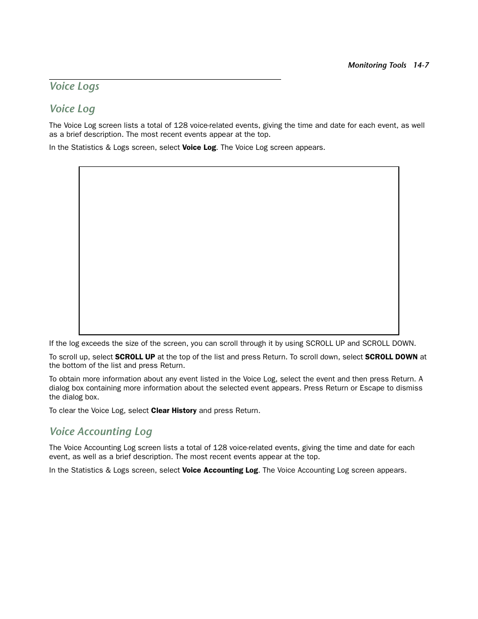 Voice logs, Voice log, Voice accounting log | Voice logs -7, Voice log -7, Voice accounting log -7, Voice logs voice log | Netopia 4752 User Manual | Page 213 / 284