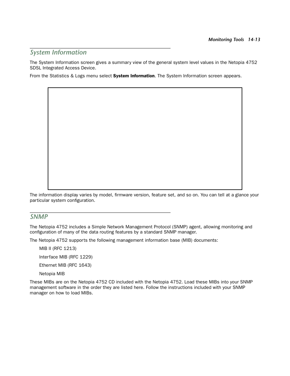System information, Snmp, System information -13 | Snmp -13, Otocol). see, Otocol (see | Netopia 4752 User Manual | Page 219 / 284