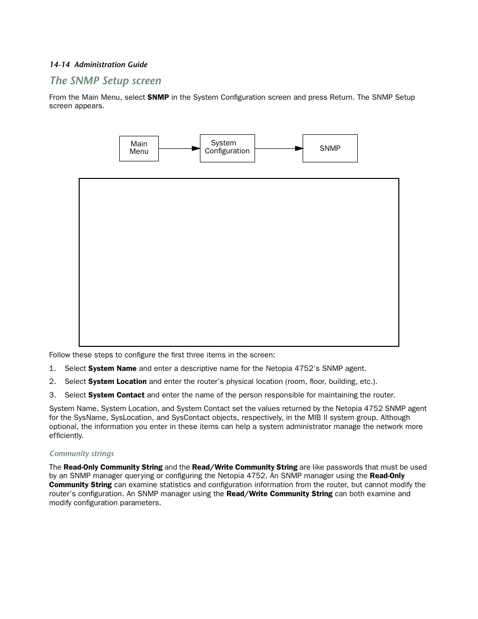 The snmp setup screen, The snmp setup screen -14 | Netopia 4752 User Manual | Page 220 / 284