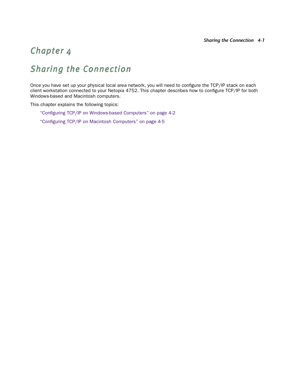 Sharing the connection, Chapter 4 — sharing the connection -1 | Netopia 4752 User Manual | Page 23 / 284