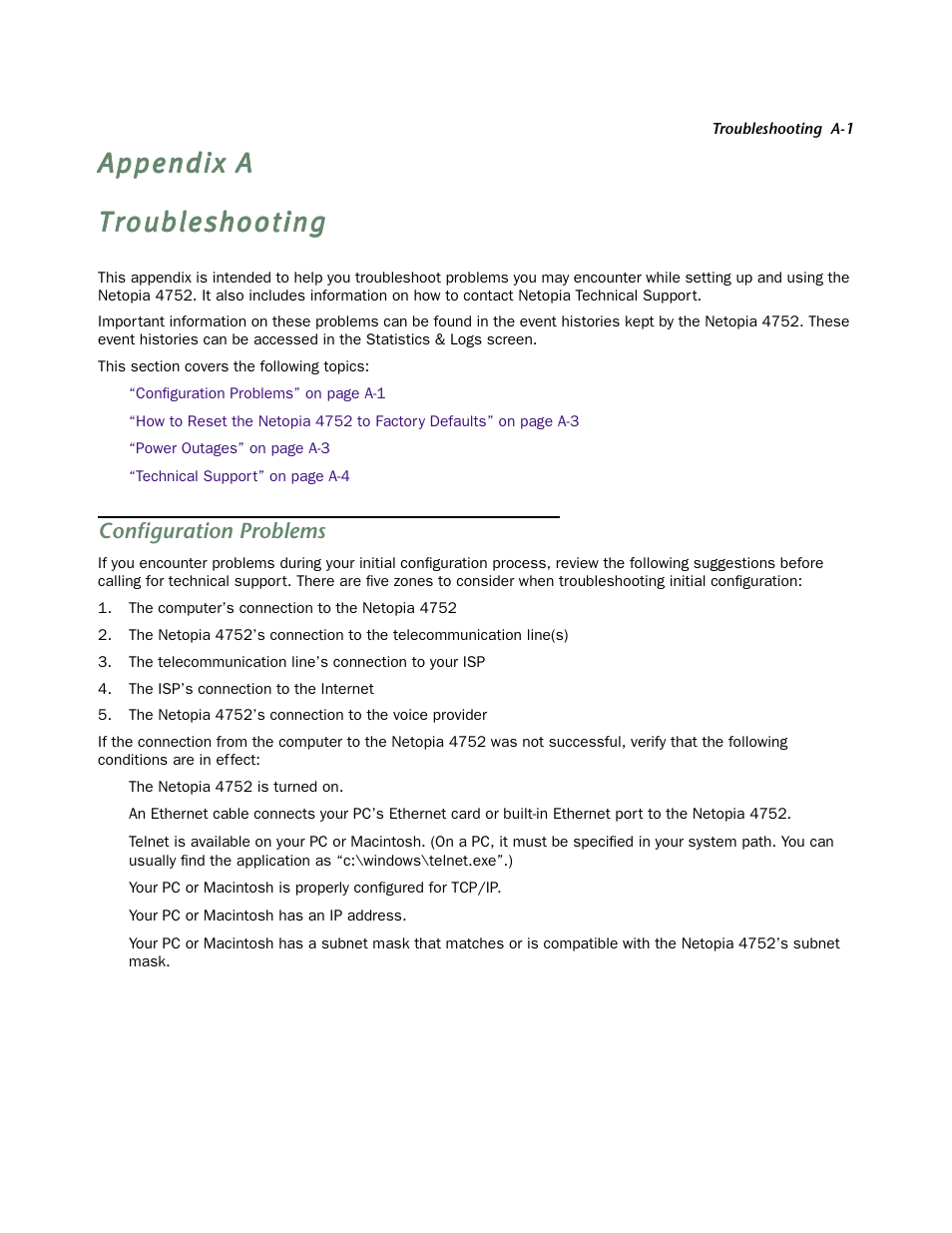 Troubleshooting, Configuration problems, Appendix a, “troubleshooting | Netopia 4752 User Manual | Page 237 / 284