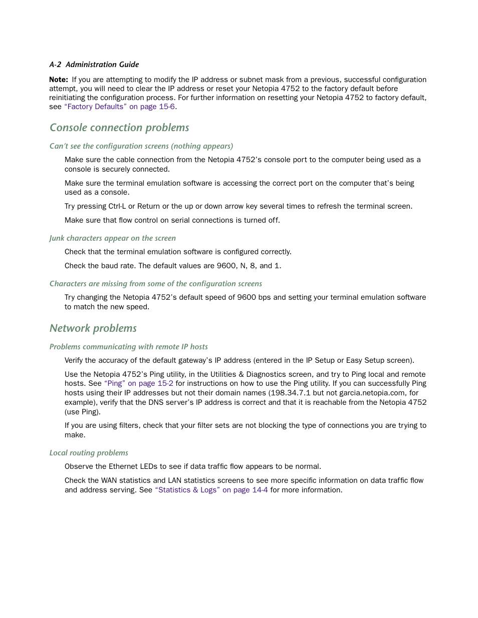 Console connection problems, Network problems | Netopia 4752 User Manual | Page 238 / 284