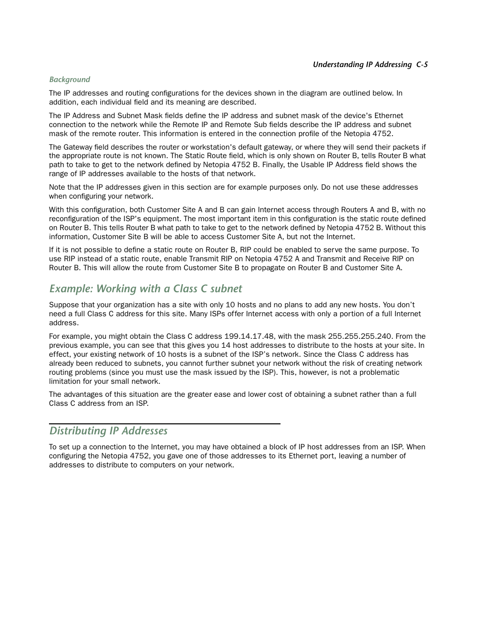 Example: working with a class c subnet, Distributing ip addresses | Netopia 4752 User Manual | Page 249 / 284