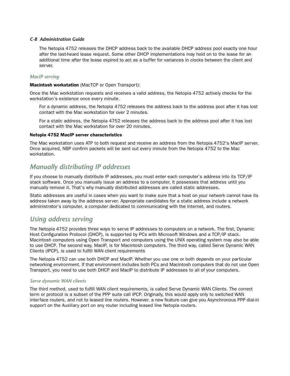Manually distributing ip addresses, Using address serving | Netopia 4752 User Manual | Page 252 / 284