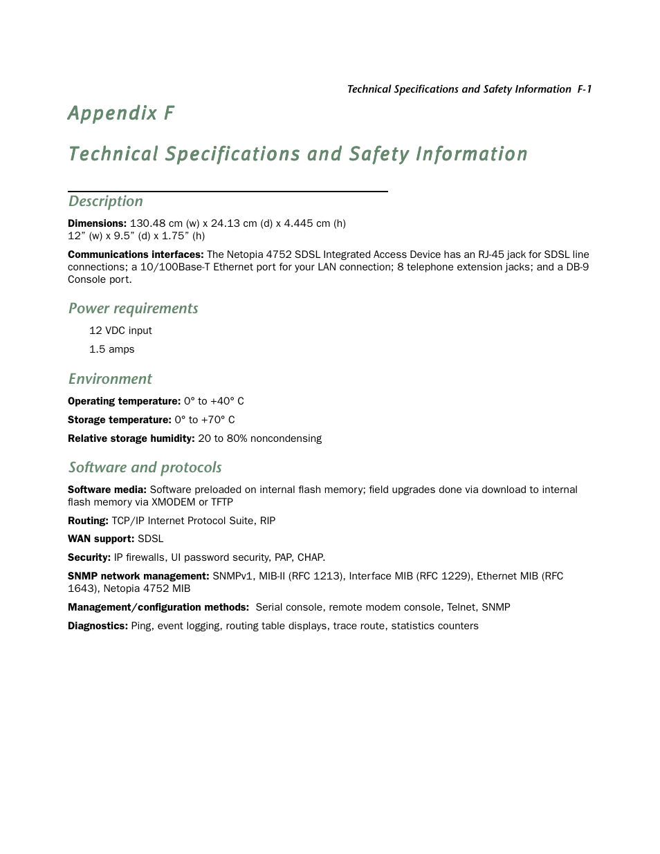 Technical specifications and safety information, Description, Power requirements | Environment, Software and protocols | Netopia 4752 User Manual | Page 265 / 284