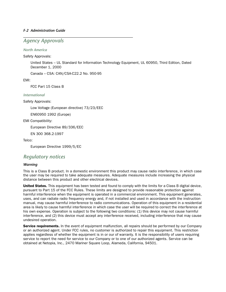 Agency approvals, Regulatory notices | Netopia 4752 User Manual | Page 266 / 284