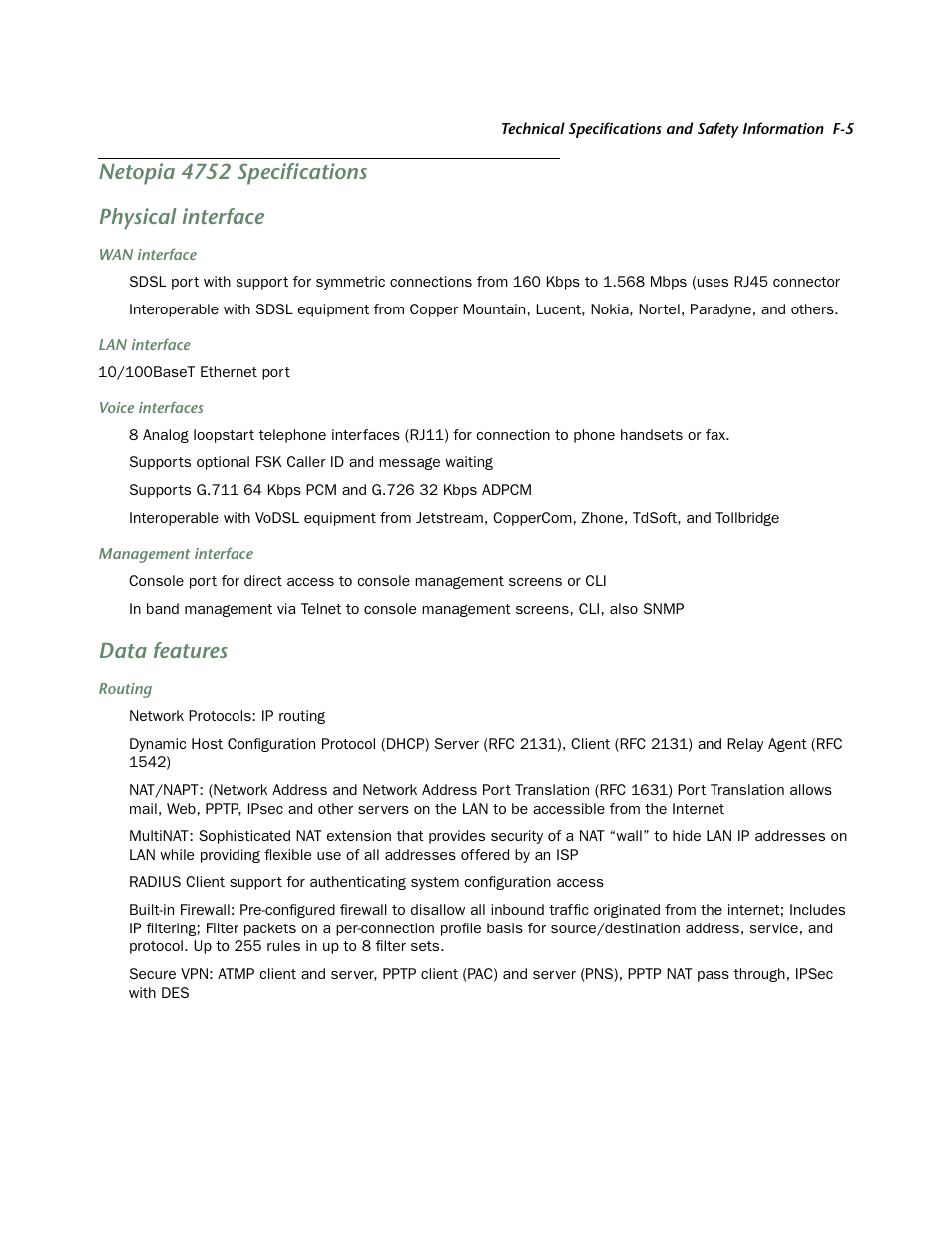 Netopia 4752 specifications, Physical interface, Data features | Netopia 4752 specifications physical interface | Netopia 4752 User Manual | Page 269 / 284