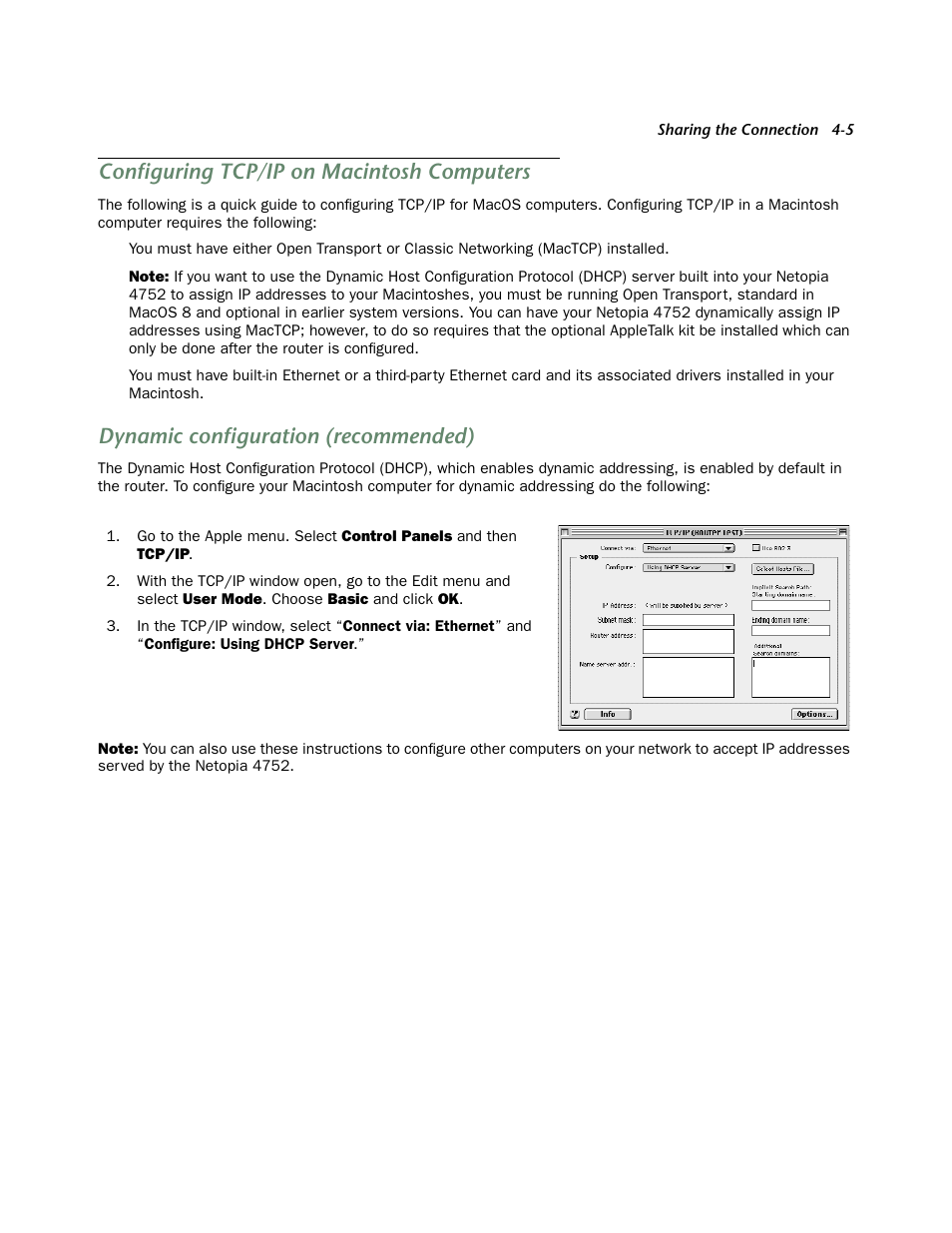 Configuring tcp/ip on macintosh computers, Dynamic configuration (recommended), Configuring tcp/ip on macintosh computers -5 | Dynamic configuration (recommended) -5 | Netopia 4752 User Manual | Page 27 / 284