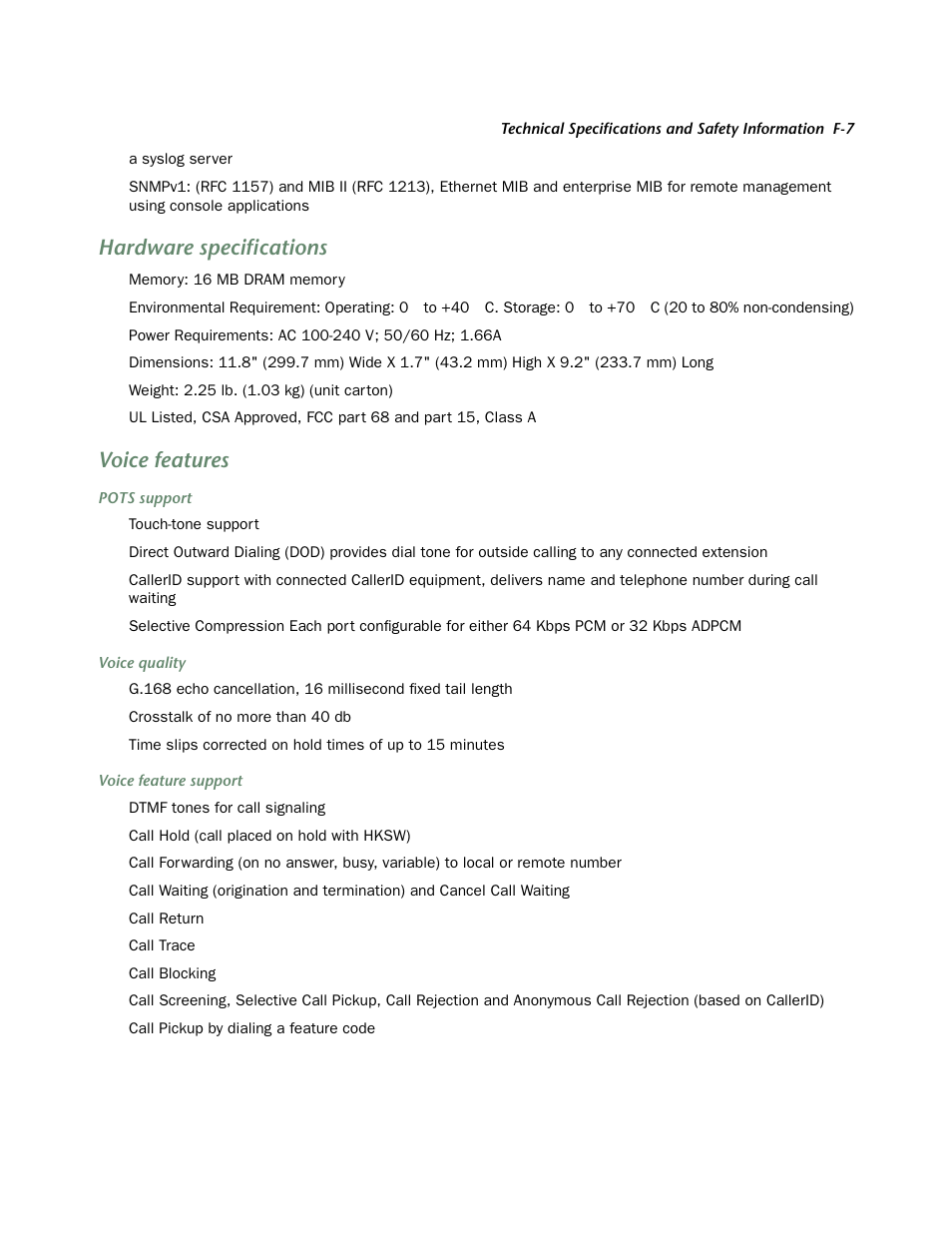 Hardware specifications, Voice features | Netopia 4752 User Manual | Page 271 / 284