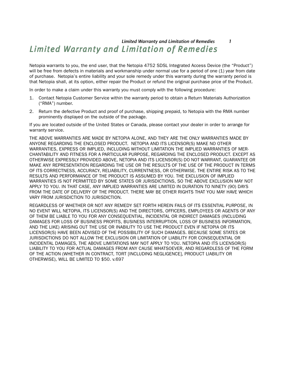 Limited warranty and limitation of remedies | Netopia 4752 User Manual | Page 283 / 284