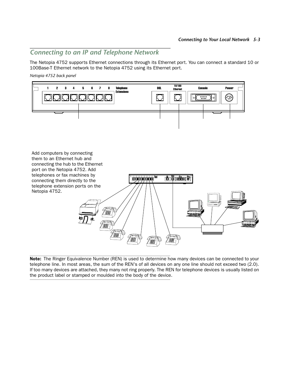Connecting to an ip and telephone network, Connecting to an ip and telephone network -3, Ip parameters (default profile) screen -16 | Connecting to your local network 5-3, Netopia 4752 back panel | Netopia 4752 User Manual | Page 33 / 284