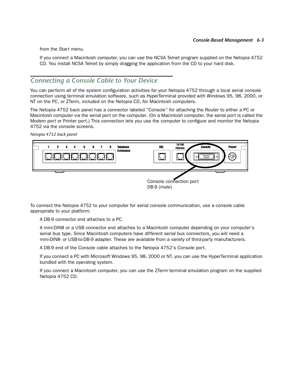 Connecting a console cable to your device, Connecting a console cable to your device -3, Attaching the console cable, see | Netopia 4752 User Manual | Page 37 / 284