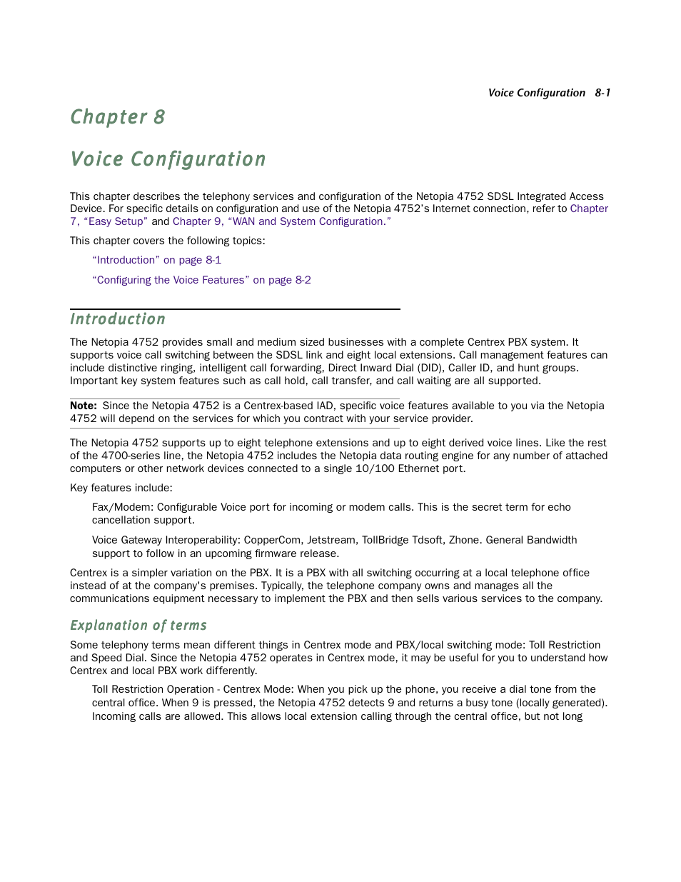 Voice configuration, Introduction, Explanation of terms | Chapter 8 — voice configuration -1, Introduction -1, Explanation of terms -1, Chapter 8, “voice configuration | Netopia 4752 User Manual | Page 53 / 284