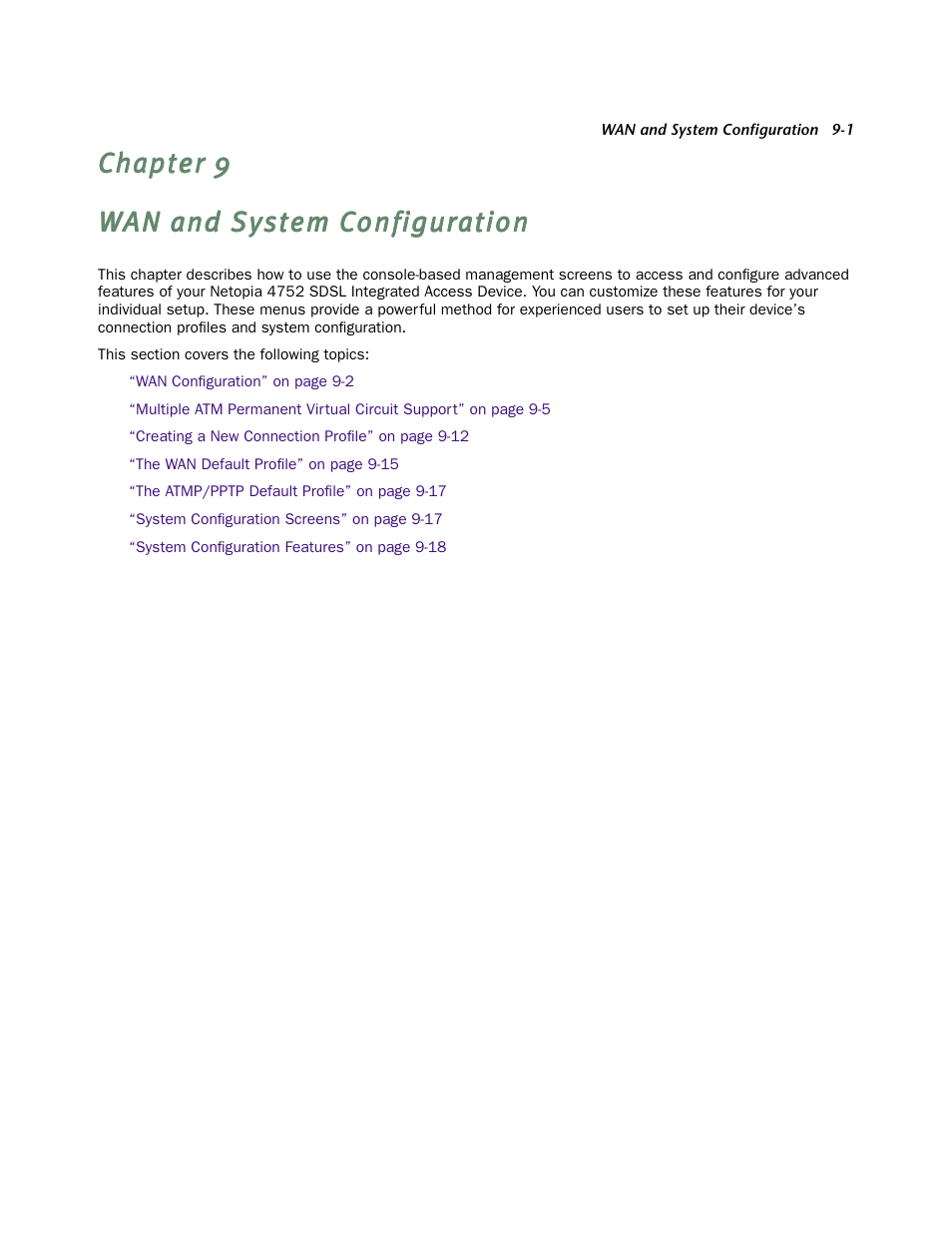 Wan and system configuration, Chapter 9 — wan and system configuration -1, Chapter 9, “wan and system configuration | Netopia 4752 User Manual | Page 59 / 284
