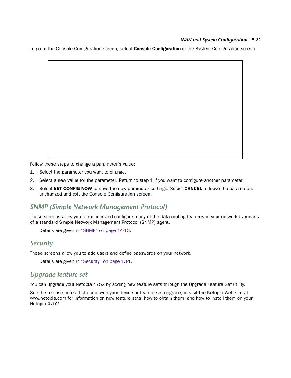 Snmp (simple network management protocol), Security, Upgrade feature set | Snmp (simple network management protocol) -21, Security -21, Upgrade feature set -21 | Netopia 4752 User Manual | Page 79 / 284