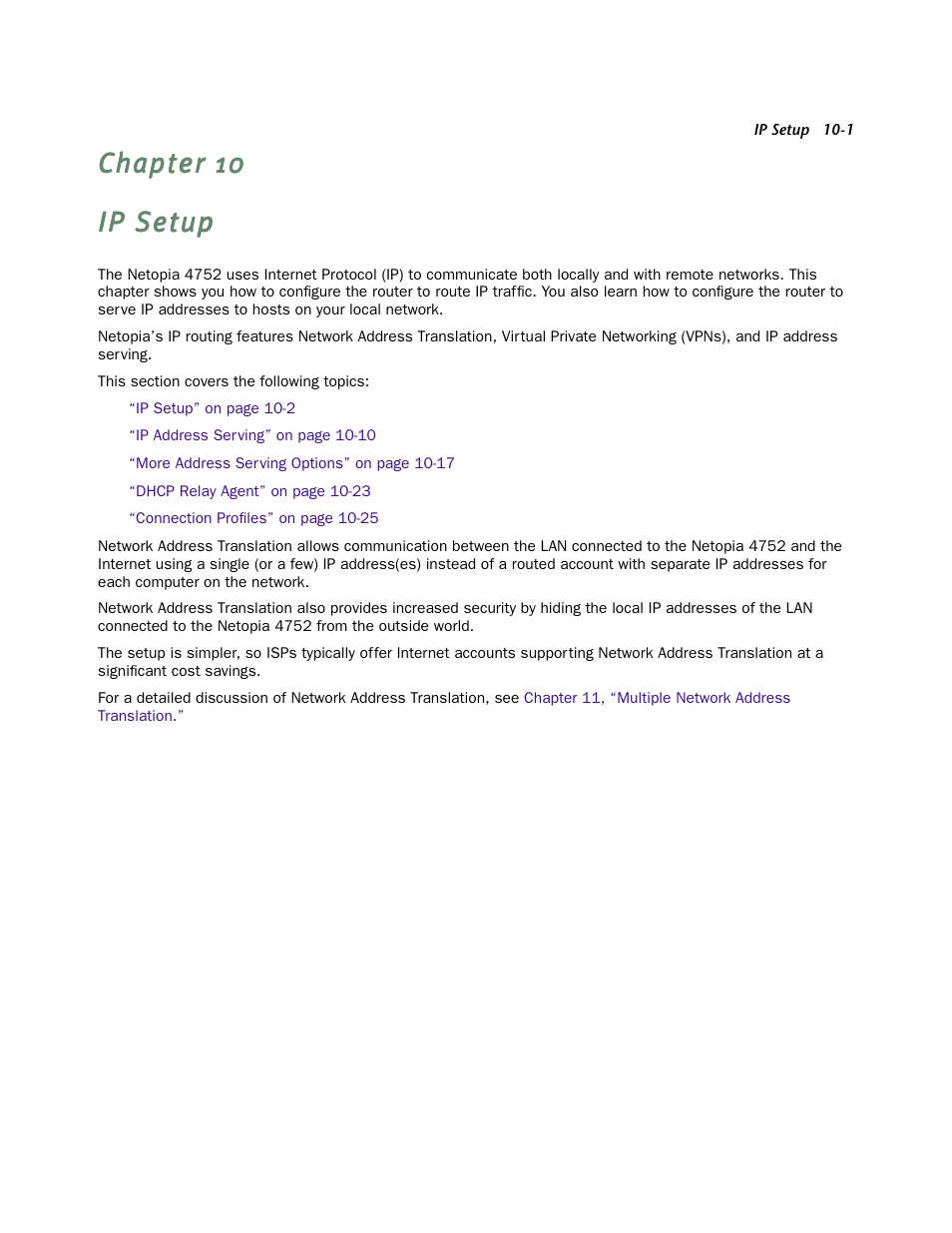 Ip setup, Chapter 10 — ip setup -1 | Netopia 4752 User Manual | Page 83 / 284