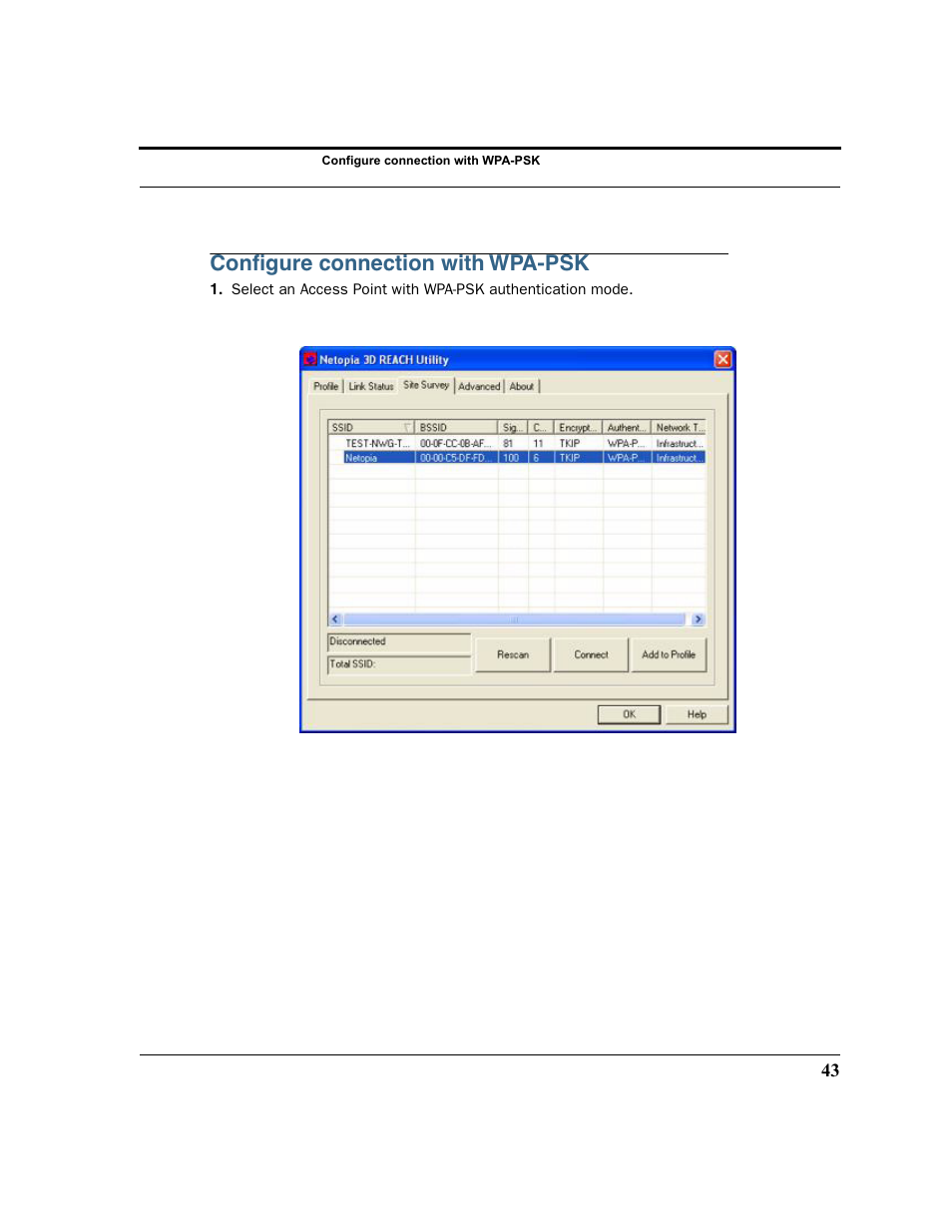 Configure connection with wpa-psk, The section, Conﬁgure connection with wpa-psk | Netopia 6161210-00-01 User Manual | Page 45 / 64