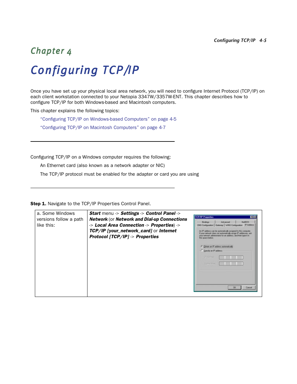 Configuring tcp/ip, Configuring tcp/ip on windows-based computers, Microsoft windows | Chapter 4 — configuring tcp/ip -5, Configuring tcp/ip on windows-based computers -5, Microsoft windows -5, T. see, Configuring, Macintosh computers use either mactcp or open | Netopia 3347W User Manual | Page 17 / 44