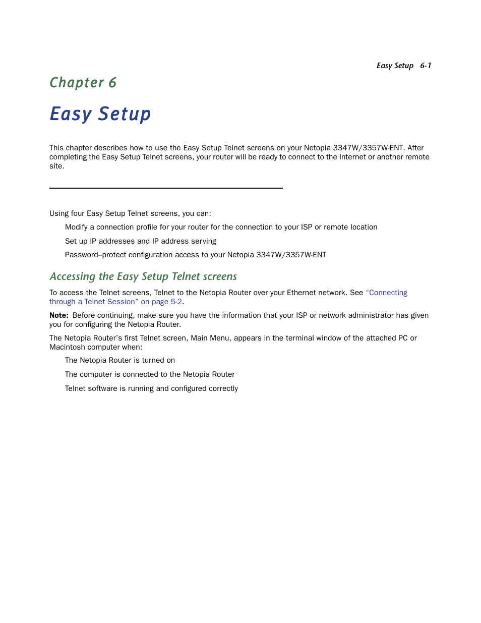 Easy setup, Easy setup telnet screens, Accessing the easy setup telnet screens | Chapter 6 — easy setup -1, Easy setup telnet screens -1, Accessing the easy setup telnet screens -1 | Netopia 3347W User Manual | Page 25 / 44