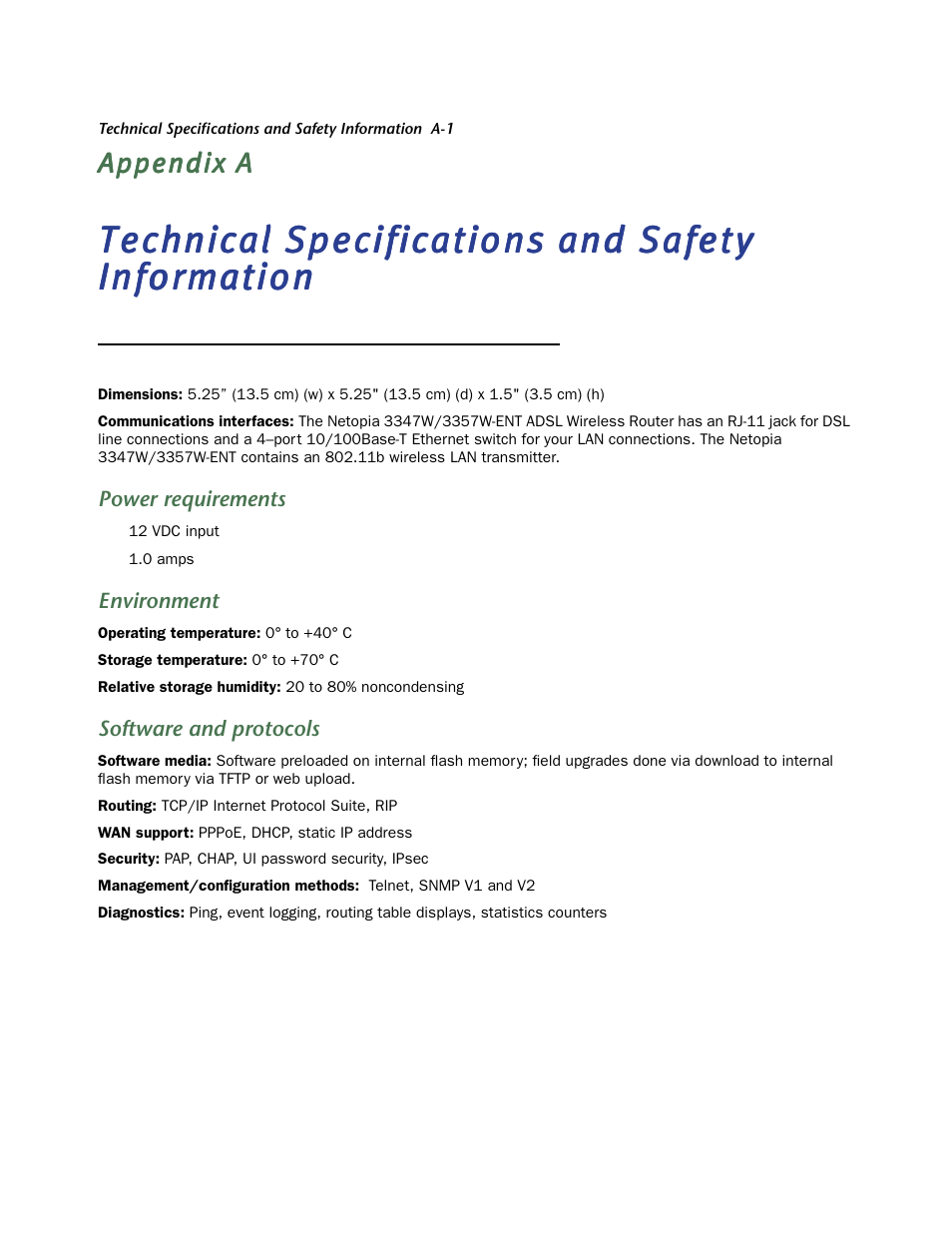 Technical specifications and safety information, Description, Power requirements | Environment, Software and protocols | Netopia 3347W User Manual | Page 39 / 44