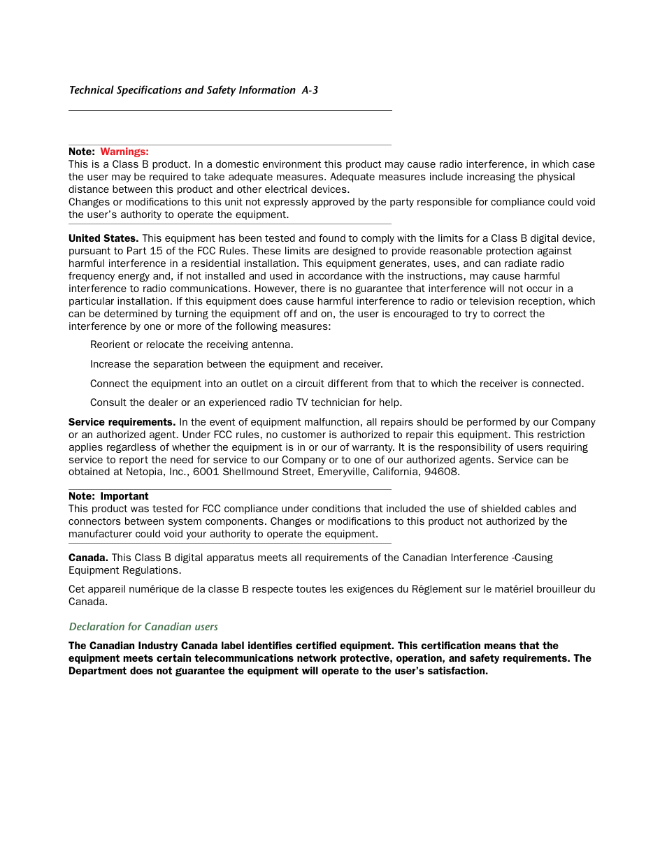 Manufacturer’s declaration of conformance | Netopia 3347W User Manual | Page 41 / 44